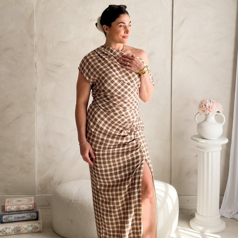Women’s Brown Plaid One Shoulder Midi Dress - Picture 3 of 10